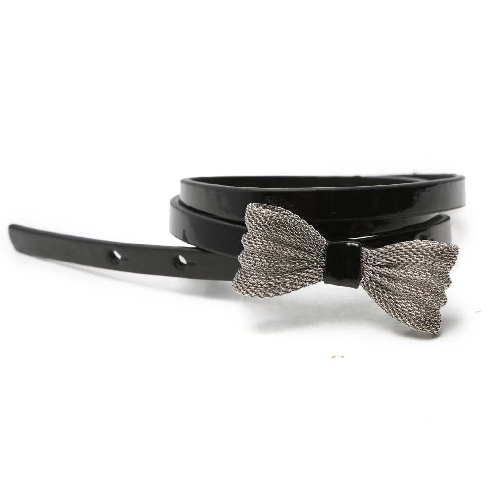 Faux Patent Leather Skinny Belt Metal Bow Mesh Black Glossy Party Y2K Retro